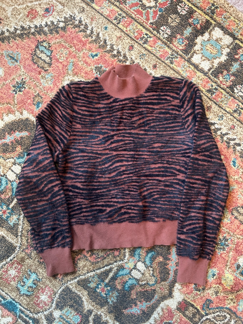 Express Women's Rust and Black Zebra Mock Neck Sweater